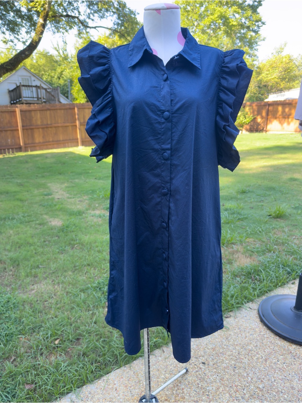 Crown & Ivy Navy Ruffle Sleeve Button-Down Dress